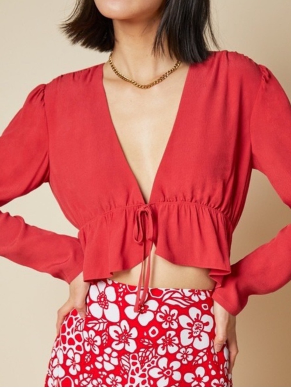 Sunday Best Coral-Red Cropped Tie-Front Blouse